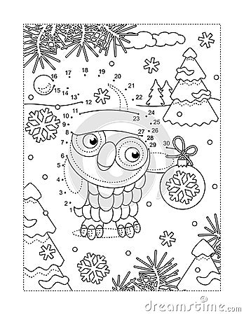 Owl with ornament join the dots puzzle and coloring page Vector Illustration